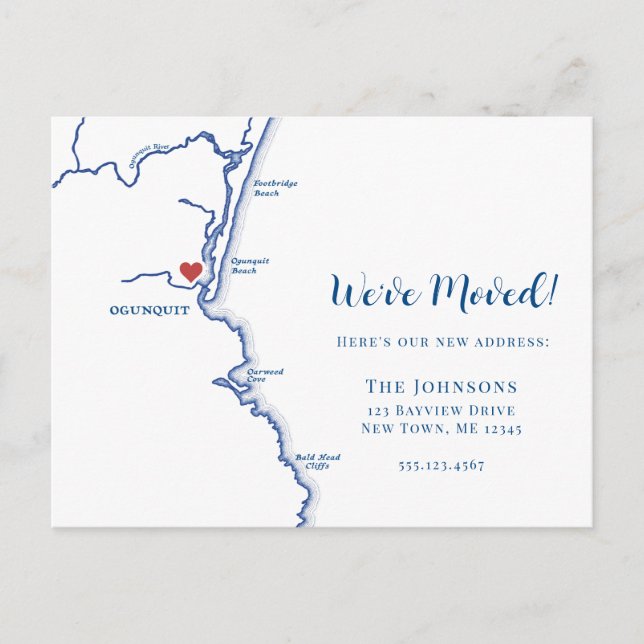 Neue Zuhause Ogunquit Maine Map Moving Ankündigungspostkarte (Vorderseite)