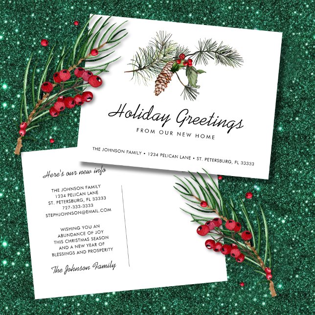 Neue Zuhause Pine Bough Christmas Berries Moving Ankündigungspostkarte (New Home Pine Bough Christmas Berries Moving Announcement Postcard)