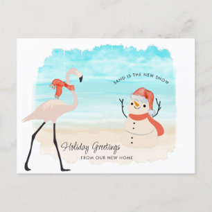 Neue Zuhause Sandy Snowman Flamingo am Strand Feiertagspostkarte