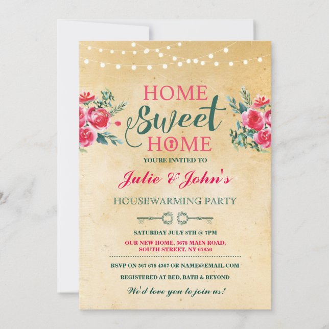 Neue Zuhause-süße Haus-Erwärmungs-Blumenschlüssel Einladung (Vorderseite)