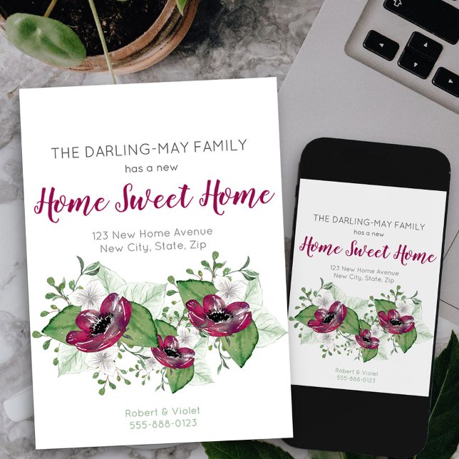 Neue Zuhause Sweet Zuhause Floral Watercolor Movin Ankündigung (home sweet home new address card available printed or as printable digital download)