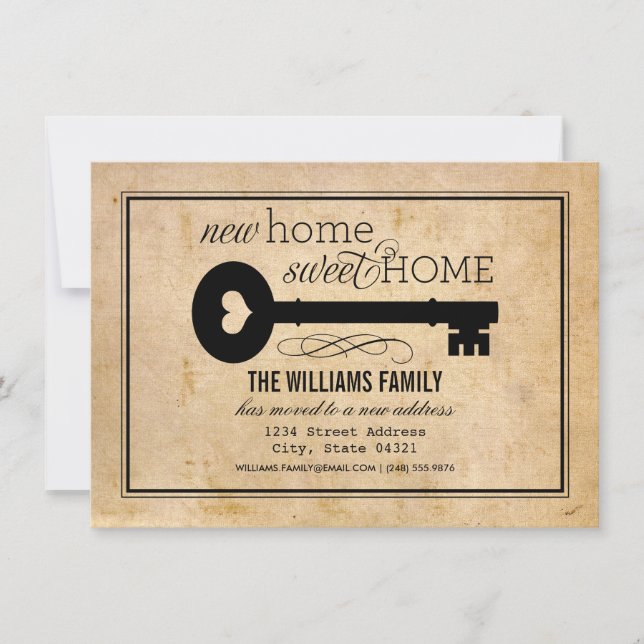 Neue Zuhause Sweet Zuhause Vintag Key Moving Ankündigung (Vorderseite)