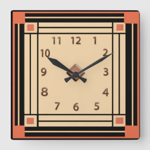 Neuer Art-Deco-Stil (Orange, Schwarz und Creme) Quadratische Wanduhr