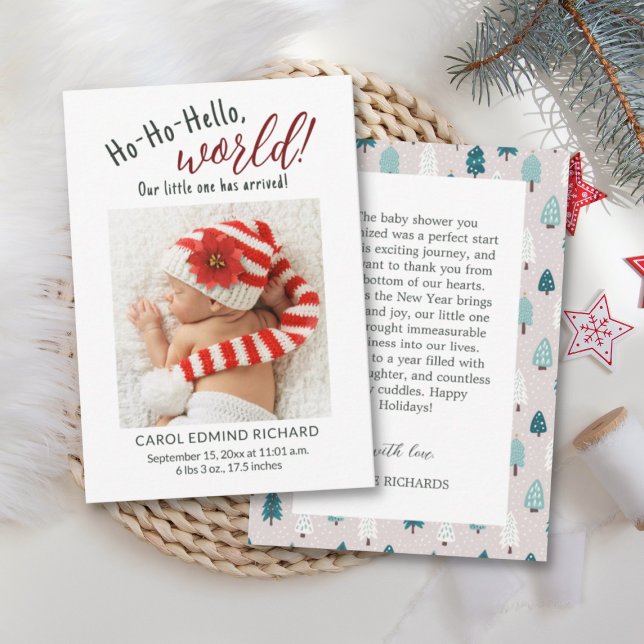 Neuer Baby Holiday Birth Stats Foto Babydusche Dankeskarte (hello world baby holiday cards)