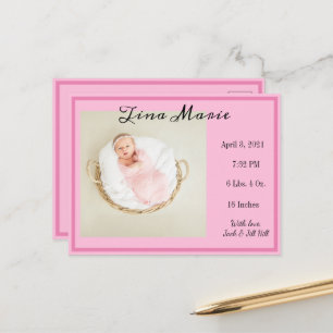 Neuer Geburtstag eines Babys Ankündigung Rosa Foto Postkarte