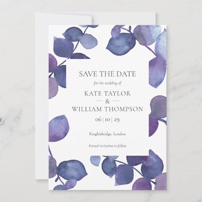 Neuer Lila Eukalyptus Save The Date (Vorderseite)