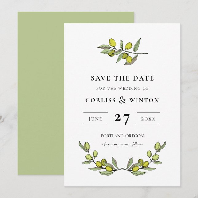Neuer Olivenzweig Save the Date Einladung (Vorne/Hinten)