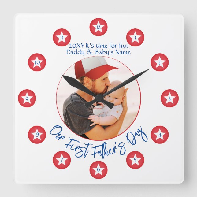 Neuer Papa Moderne Einzigartiger Keepake Erster Va Quadratische Wanduhr (Vorderseite)