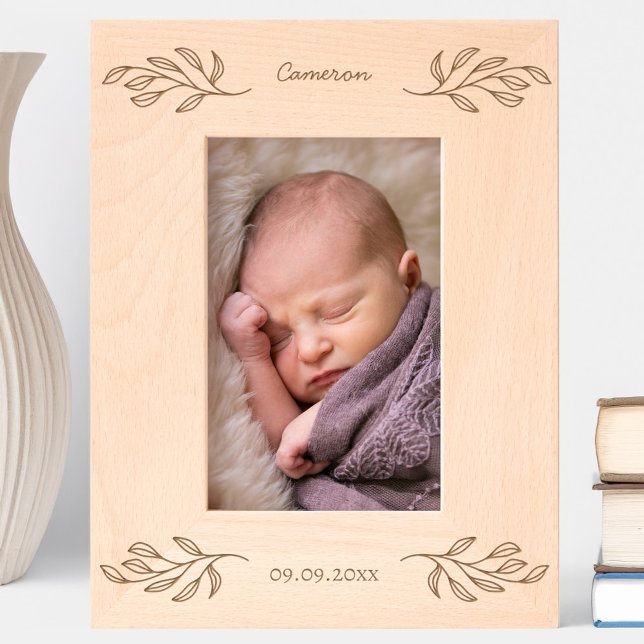 Neuer Personalisierter Babyname Datum Botanische B Geätzte Rahmen (New baby name date botanical leaf elegant etched wooden photo frame)