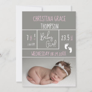Neuer Pink Birth Stats Baby Girl Birth Ankündigung