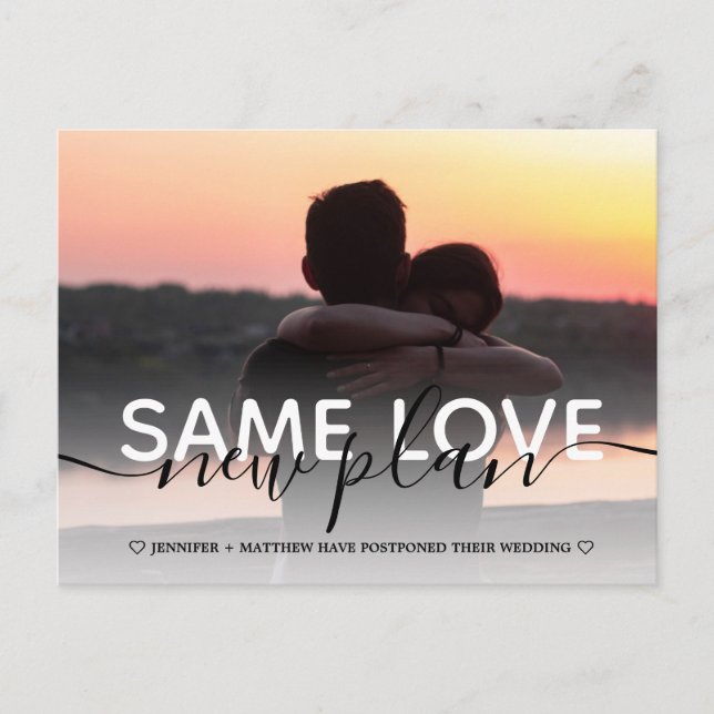 Neuer Plan moderne Typografie Hochzeit ändern das  Ankündigungspostkarte (Vorderseite)
