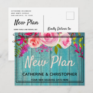 Neuer Plan Rustic Blue Wood Floral Hochzeit versch Postkarte