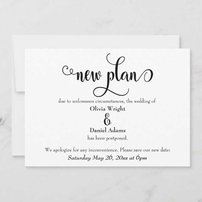 Neuer Plan vertagt Hochzeitsankündigung Einladung (Vorderseite)