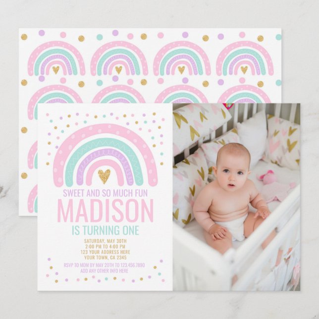 Neuer Regenbogen Erster Geburtstag Einladung (Vorne/Hinten)