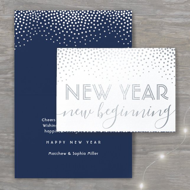 Neuer Start Navy Blue Happy New Year Confetti Folienkarte (Von Creator hochgeladen)