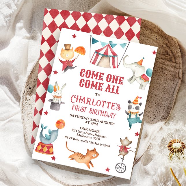 Neuer Tag des Roten Kreises Einladung (Red Circus Themed Birthday Invitation, Circus 1st Birthday Invite, Modern, Circus Tent, Come One)