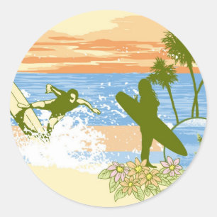 neuer Vintage-Surfer Hawaii-Strand Mädchen Junge Runder Aufkleber