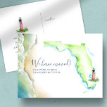 Neuer Zuhause Jupiter Florida Staat Moving Ankündi Postkarte<br><div class="desc">Vibrige Ankündigungen in Aquarellfarben ließ Freunden und Familie etwas über Ihre neue Zuhause Sweet Zuhause! Das Design ist eine Nachbildung meines originalen handbemalten Aquarell-Staat von Florida mit Jupiter-Leuchtturm und Meereswellen Uferlinie in Blau, Türkis und Grün. Ihre benutzerdefinierte Ankündigung (mit "wir sind bewegt" gezeigt), Ihr Name(e) und die Änderung der Adresse...</div>