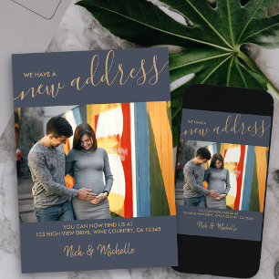 Neues Address-Foto und elegantes Script Blue Movin Ankündigung