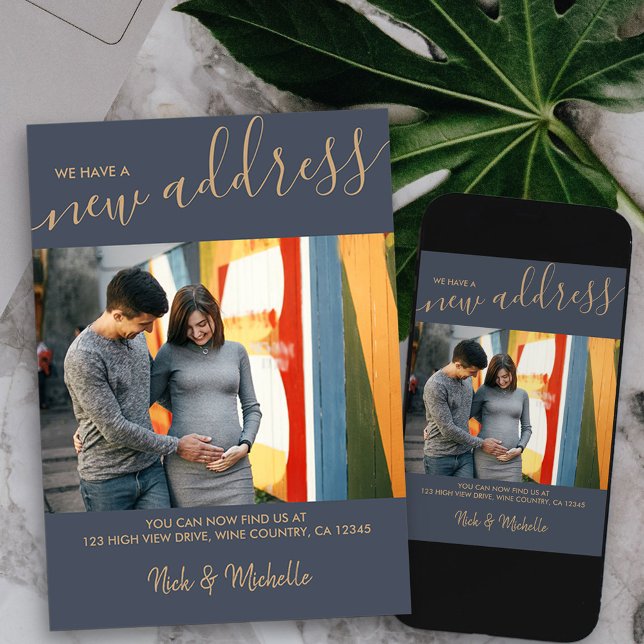 Neues Address-Foto und elegantes Script Blue Movin Ankündigung (modern photo new address card available printed or as printable digital download)