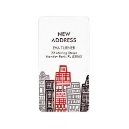 Neues Adressetikett mit roten und schwarzen Gebäud