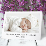 Neues Baby Ankündigung Foto Dankeschön Karte<br><div class="desc">Neue Dankeschön-Karte mit Ihrem Foto und dem Namen und Geburtsdatum des Babys auf der Vorderseite. Benutzerdefinierte Meldung im Inneren. Ändern Sie die Farben und Schriftart,  verschieben Sie Elemente im Entwurfstool und ändern Sie sie.</div>