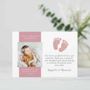 Neues Baby Dankeschön   Foto Glitter Füße Dankeskarte
