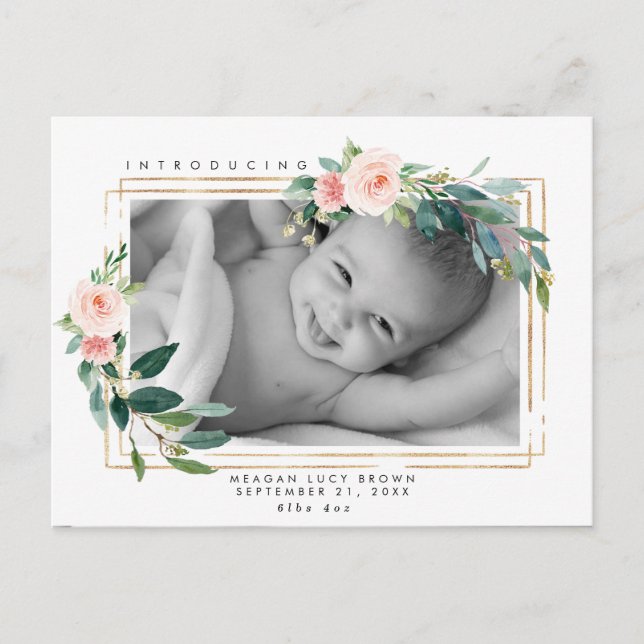 neues Baby erröten BlumenImitatgoldFotopostkarte Feiertagspostkarte (Vorderseite)