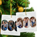 Neues Baby Erste Weihnachtsfeier 6 Fotos Farbe Keramikornament<br><div class="desc">Neuer Weihnachtsschmuck - oder Sie können den Foto nach Ihren Wünschen anpassen. Das Design besteht aus 6 Fotos und in vollständig bearbeitbaren Farben für Hintergrund, Schrift und Deko. Ihre Fotos werden im Porträtformat 16:9 angezeigt und die Fotomodelle wird automatisch in einer pilzförmigen, abgerundeten Lozenform angezeigt. Weitere Designs und Geschenkideen finden...</div>