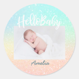Neues Baby Foto Moderner Rainbow Glitzer Runder Aufkleber