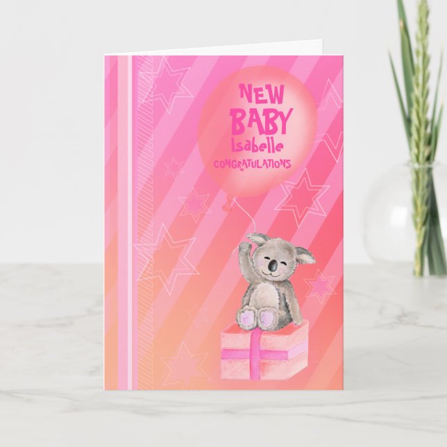 Neues Baby Girl niedlich Koala Card rosa orange Karte (Vorderseite)