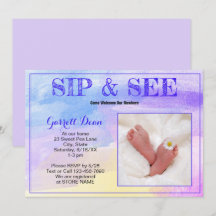Neues Baby im Lila Foto "Sip and See"