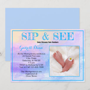 Neues Baby in Blue "Sip and See" Custom Foto Party Einladung