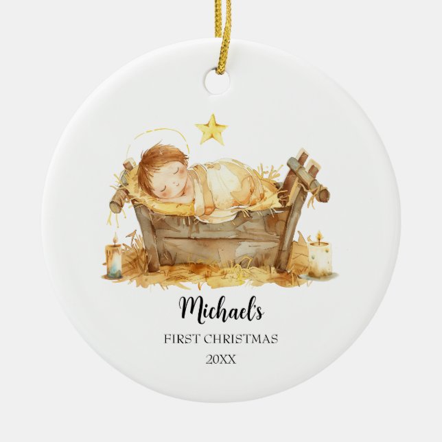 Neues Baby in der Krippe Weihnachten Keramik Ornament (Vorne)