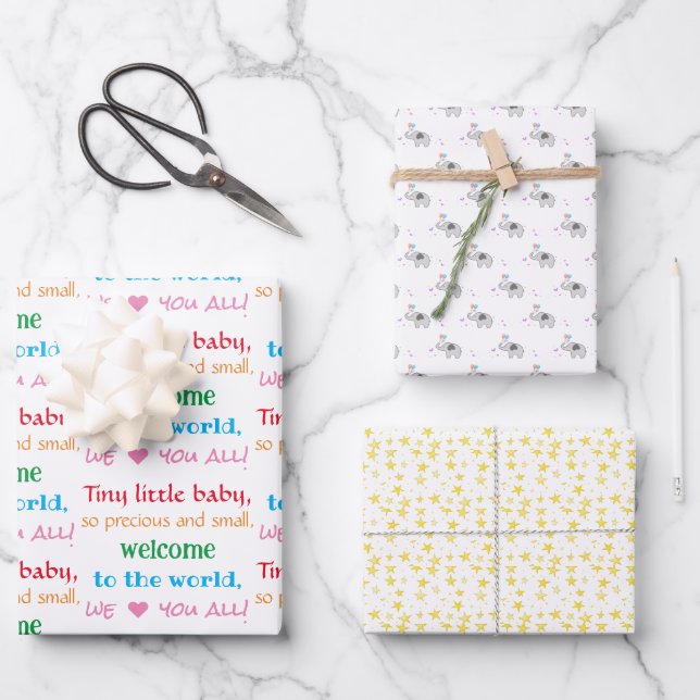 Neues Baby & Kleinkind, Willkommen, Sterne, Elefan Geschenkpapier Set (Vorderseite)
