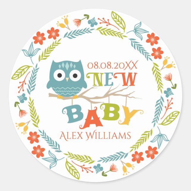 Neues Baby & Owl Farbenfrohe Blumenkleider Kinderd Runder Aufkleber (Vorderseite)