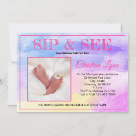 Neues Baby Watercolor Pink Sip und individuelles F Einladung