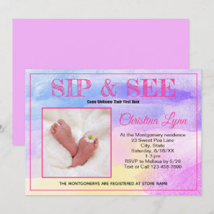 Neues Baby Watercolor Pink Sip und individuelles F Einladung