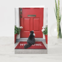 Neues Haus mit Katze auf einer roten Willkommen-Ma