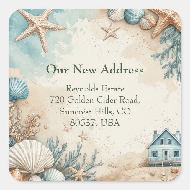 Neues Haus Strandhaus am Meer Meeresleben Quadratischer Aufkleber (Vorderseite)