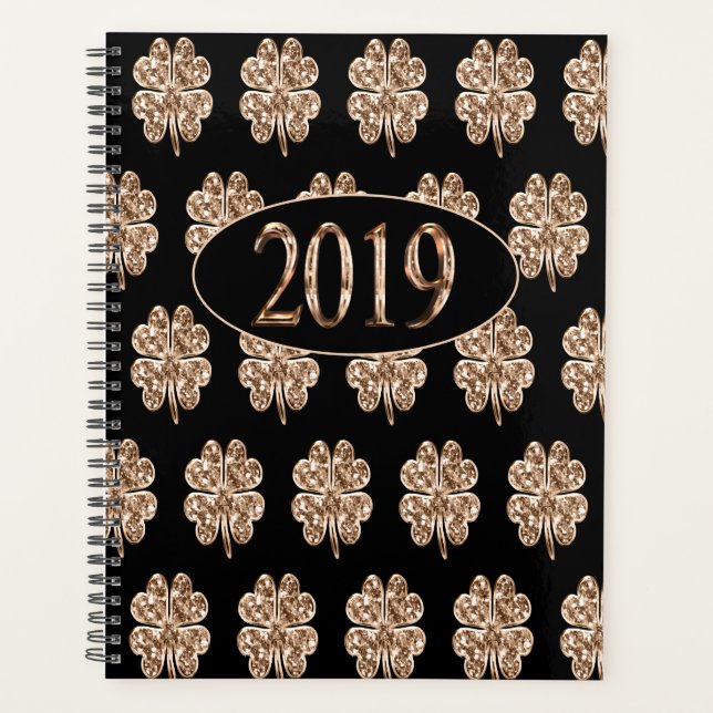 Neues Jahr 2019 Schwarz-Gold-Leaf-Clovers Planer (Vorderseite)