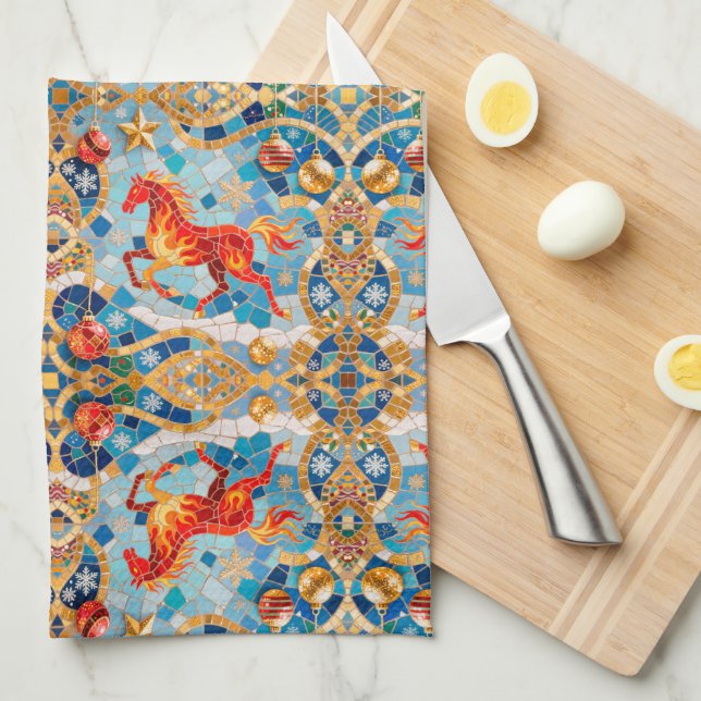 Neues Jahr 2026 Red Fiery Horse Weihnachtsmuster Geschirrtuch (Viertel Falte)