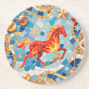 Neues Jahr 2026 Red Fiery Horse Weihnachtsmuster Getränkeuntersetzer