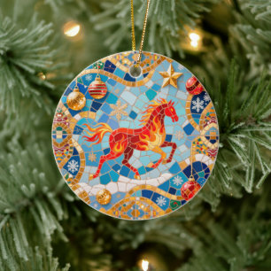 Neues Jahr 2026 Red Fiery Horse Weihnachtsmuster Keramik Ornament