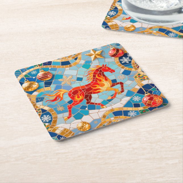 Neues Jahr 2026 Red Fiery Horse Weihnachtsmuster Rechteckiger Pappuntersetzer (angewinkelt)
