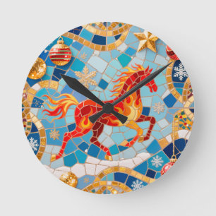 Neues Jahr 2026 Red Fiery Horse Weihnachtsmuster Runde Wanduhr