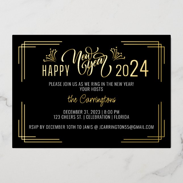 Neues Jahr: Gold und Schwarz-Party Folieneinladung (Vorderseite)