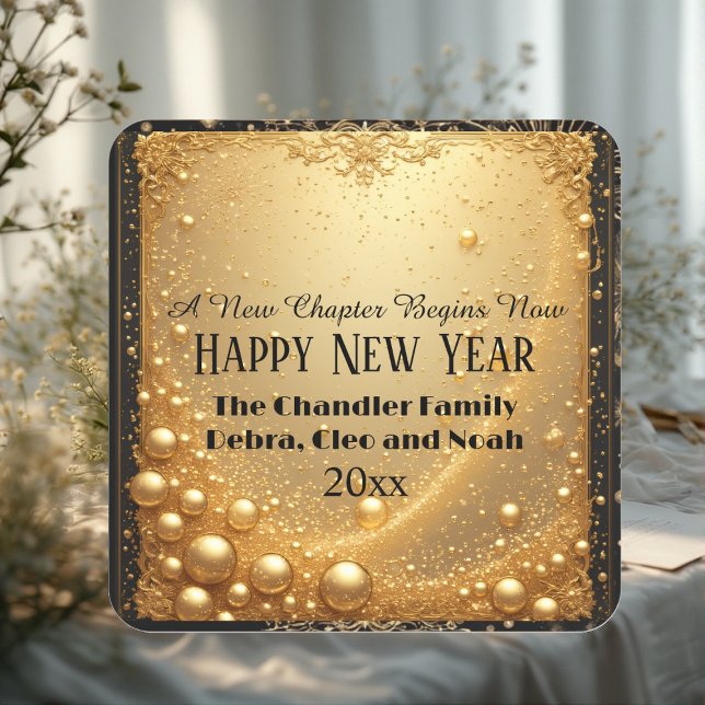 Neues Kapitel Beginnt Jetzt Mitternacht Gold Faux  Quadratischer Aufkleber (New Chapter Begins Now Midnight Gold Faux New Year Square Sticker)