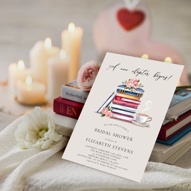 Neues Kapitel Buch Lover Bookworm Ecru Brautparty Einladung (a new chapter bridal shower invitation book lover bookworm library literary floral roses elegant)