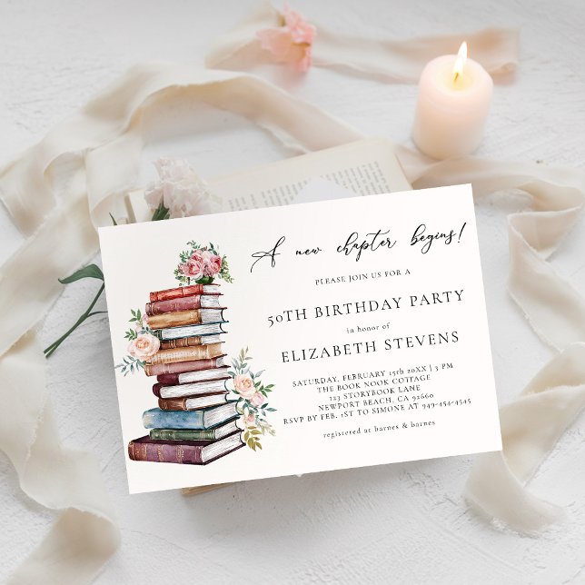 Neues Kapitel Buch Lover Bookworm Erwachsene Gebur Einladung (a new chapter birthday party invitation milestone book lover bookworm library literary floral roses )
